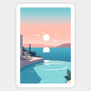 A pool with lounge chairs and a view of the ocean in Santorini Greece Sticker